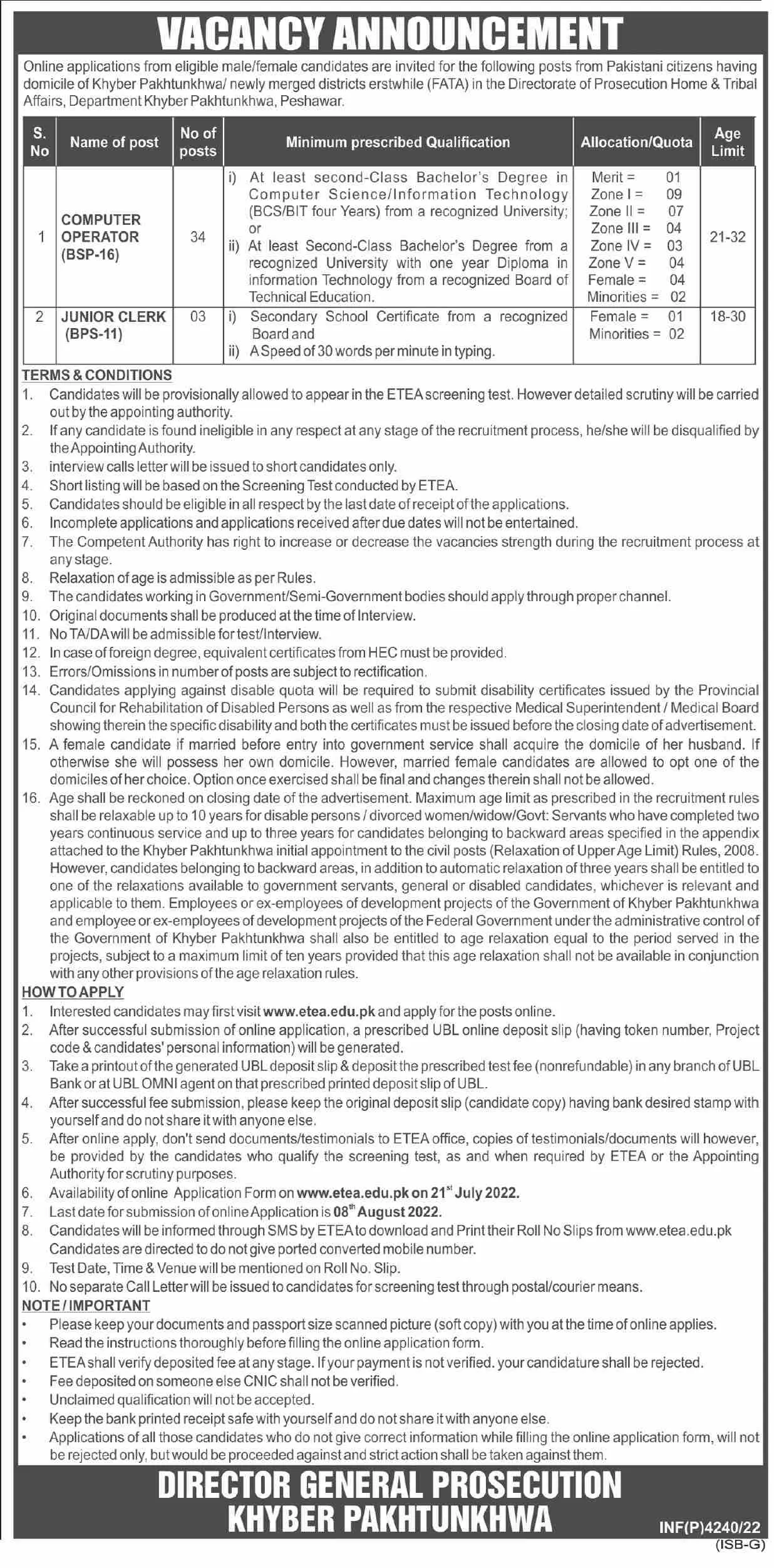 Jobs in Directorate Of Prosecution Khyber Pakhtunkhwa – Home  & Tribal Affairs Department KPK Jobs 2022 — original advertisement