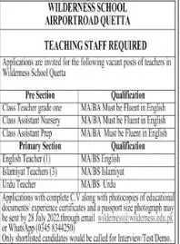 Jobs in Wilderness School Airport Road Quetta 2022 Jobs 2022 — original advertisement