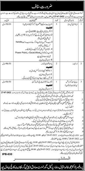Jobs in Government Sadiq Egerton College Bahawalpur Jobs 2022 — original advertisement