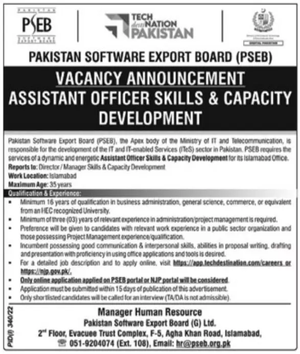 Jobs in Pakistan Softwhere Export Board( PSEB) – Pakistan Software Export Board Jobs 2022 — original advertisement