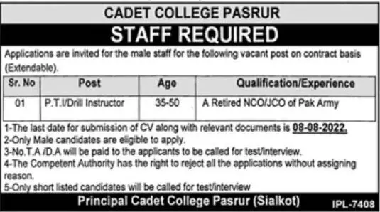 Jobs in Cadet College Pasrur 2022 Jobs 2022 — original advertisement