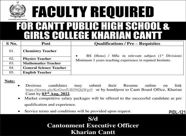 Jobs in Cantt Public High School and Girls College – Cantonment Board Jobs 2022 — original advertisement