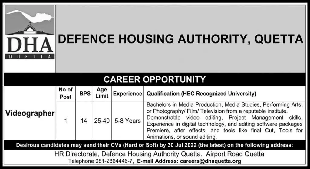 Jobs in Defence Housing Authority Quetta Jobs 2022 — original advertisement
