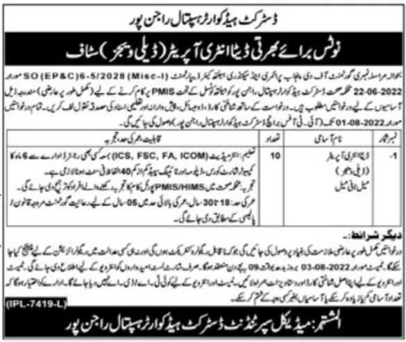 Jobs in District Headquarter Hospital DHQ Rajanpur – Tehsil Headquarter Hospital Jobs 2022 — original advertisement