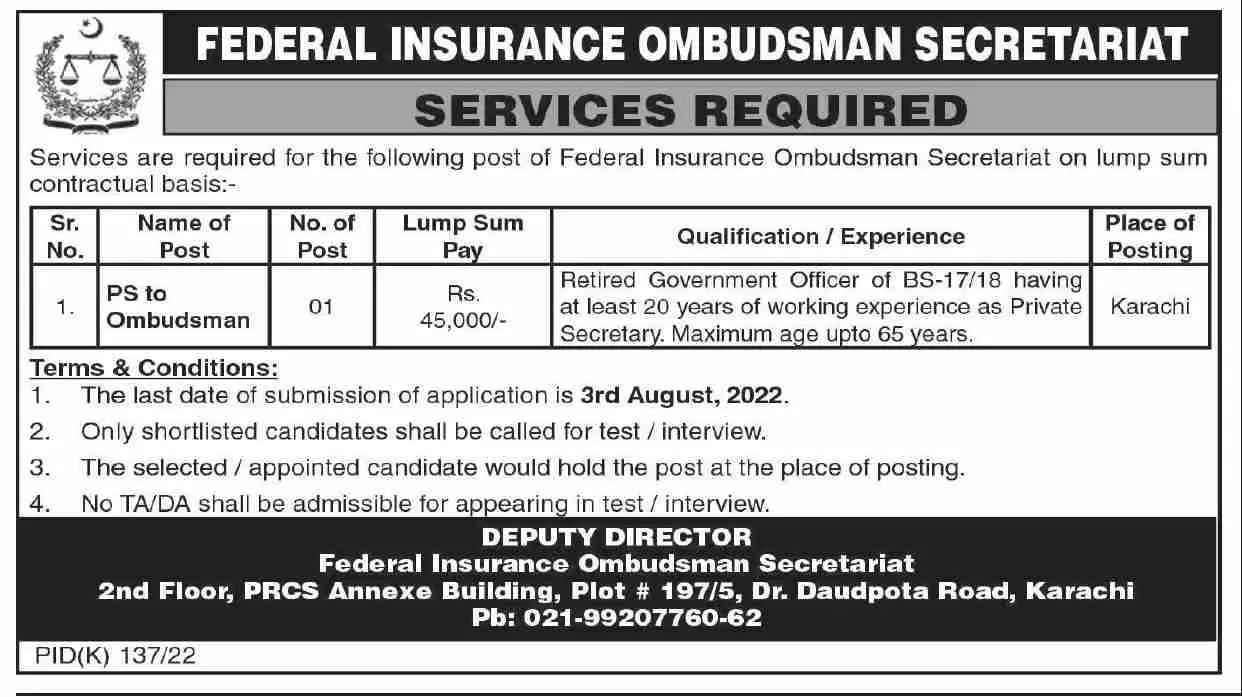 Jobs in Federal Insurance Ombudsman Secretariat – Federal Insurance Ombudsman Pakistan Jobs 2022 — original advertisement