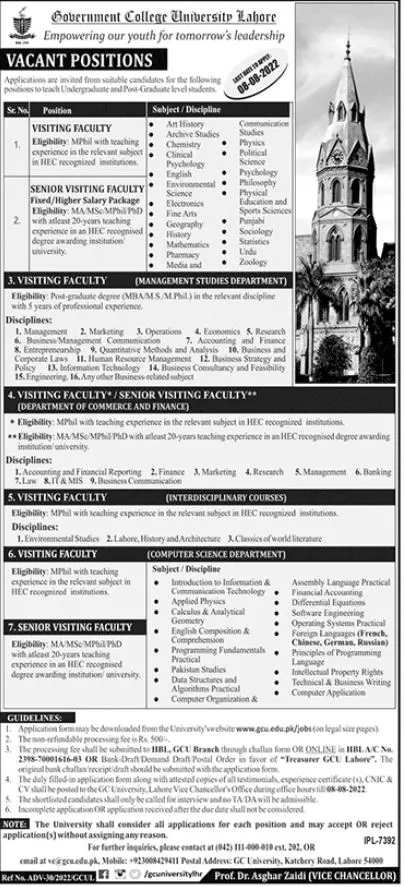 Jobs in Government College University Lahore Jobs 2022 — original advertisement