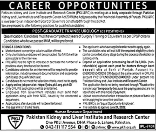 Jobs in Pakistan Kidney and Liver Institute and Research – Pakistan Kidney And Liver Institute (PKLI) And Research Centre Lahore Jobs 2022 — original advertisement