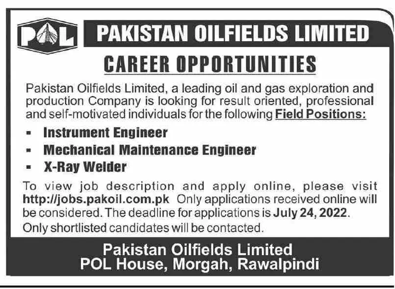 Pakistan Oilfields Limited POL Jobs – Private Company Jobs 2022 — original advertisement