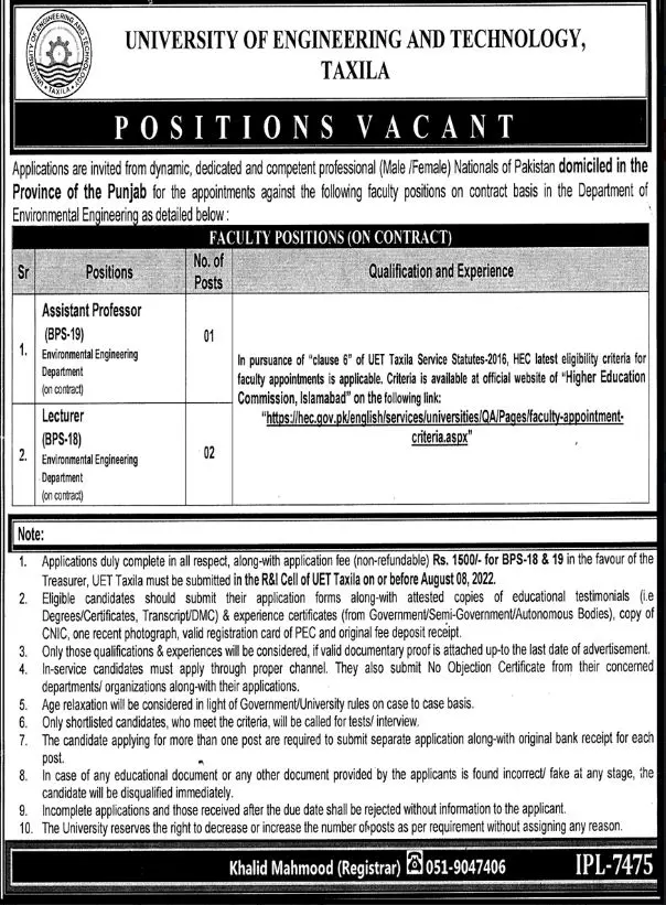 Jobs In University of Engineering and Technology Taxila Jobs 2022 — original advertisement