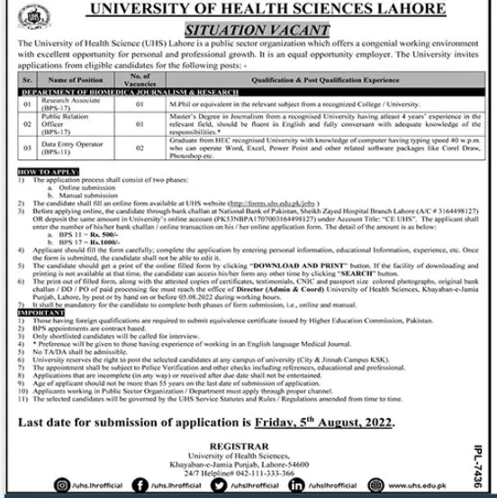 Jobs in University of Health Science Lahore – University of Health Sciences Lahore Jobs 2022 — original advertisement