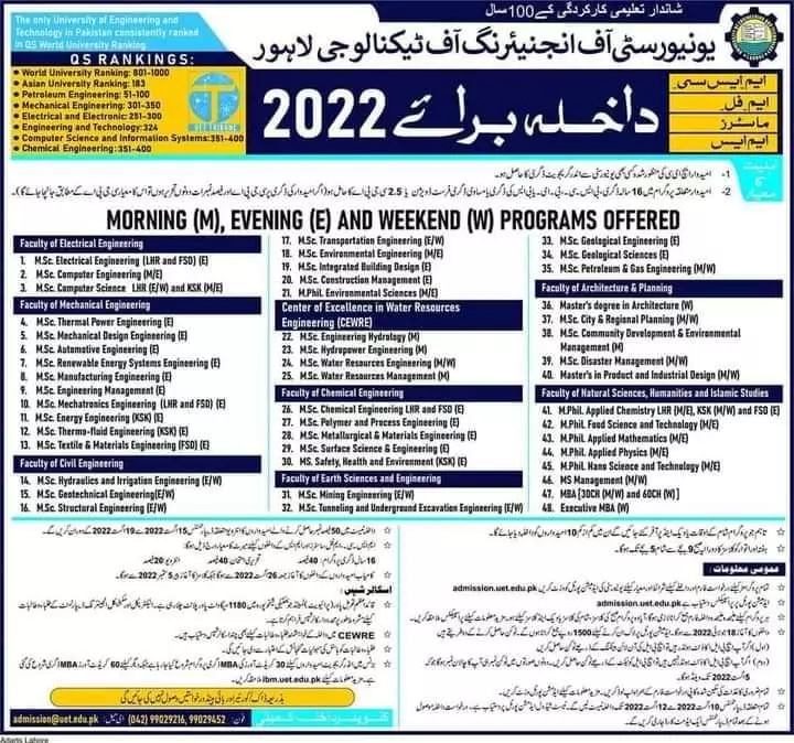 Admission in University of Engineering and Technology Lahore – University of Engineering  & Technology Lahore Admissions 2022 — original advertisement