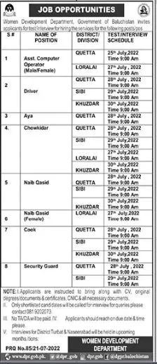Jobs in Women Development Department Balochistan 2022 Jobs 2022 — original advertisement