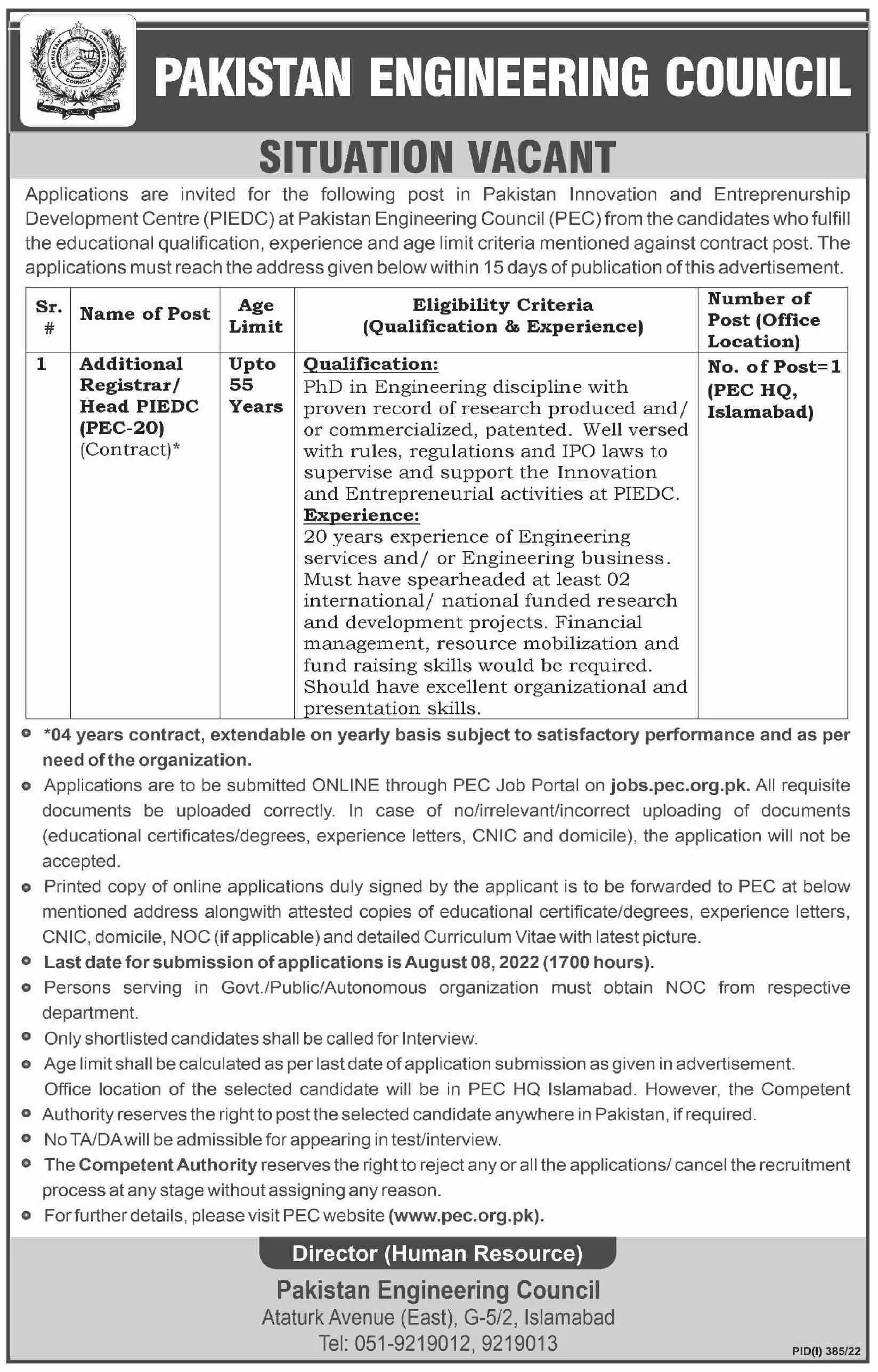 Jobs in Pakistan Engineering Council (PEC) Jobs 2022 — original advertisement