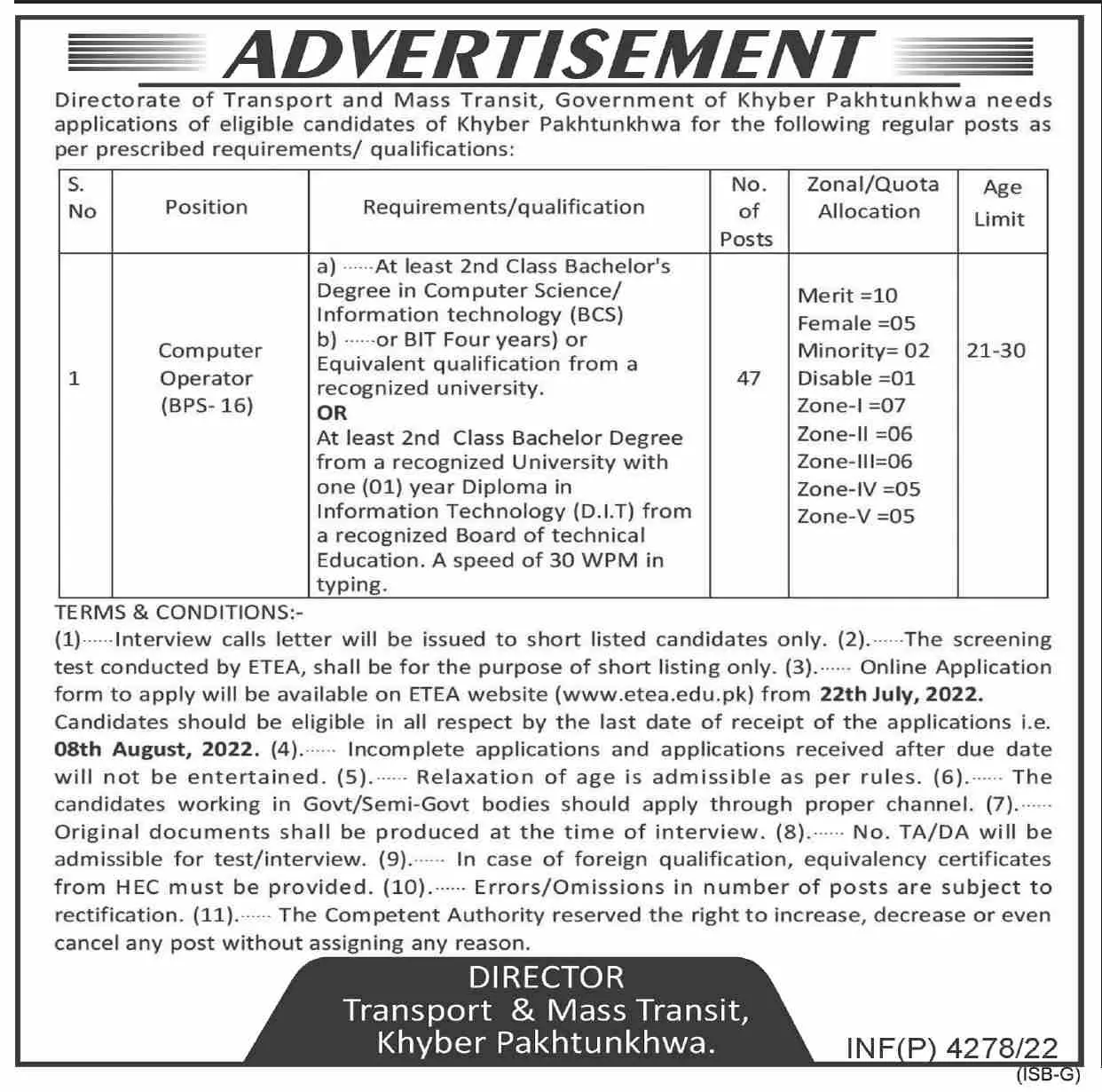 Jobs in Directorate of Transport and Mass Transit Department – Transport Department KPK Jobs 2022 — original advertisement
