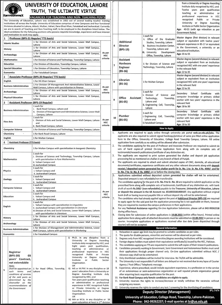 Jobs in University of Education Lahore 2022 Jobs 2022 — original advertisement