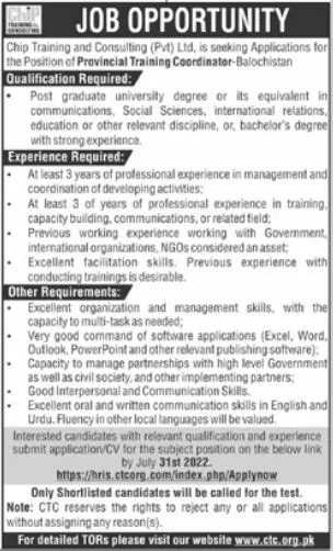 Jobs in Chip Training  And Consulting CTC 2022 – Chip Training Consulting Pvt Ltd Jobs 2022 — original advertisement