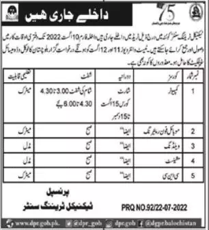 Admission in Technical Training Center Quetta 2022 Admissions 2022 — original advertisement
