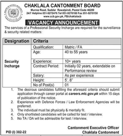 Jobs in Chaklala Cantonment Board Jobs 2022 — original advertisement