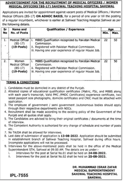 Jobs in Sahiwal Teaching Hospital, Sahiwal Jobs 2022 — original advertisement