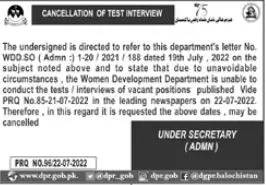 Jobs in Women Development Department Balochistan 2022 Jobs 2022 — original advertisement