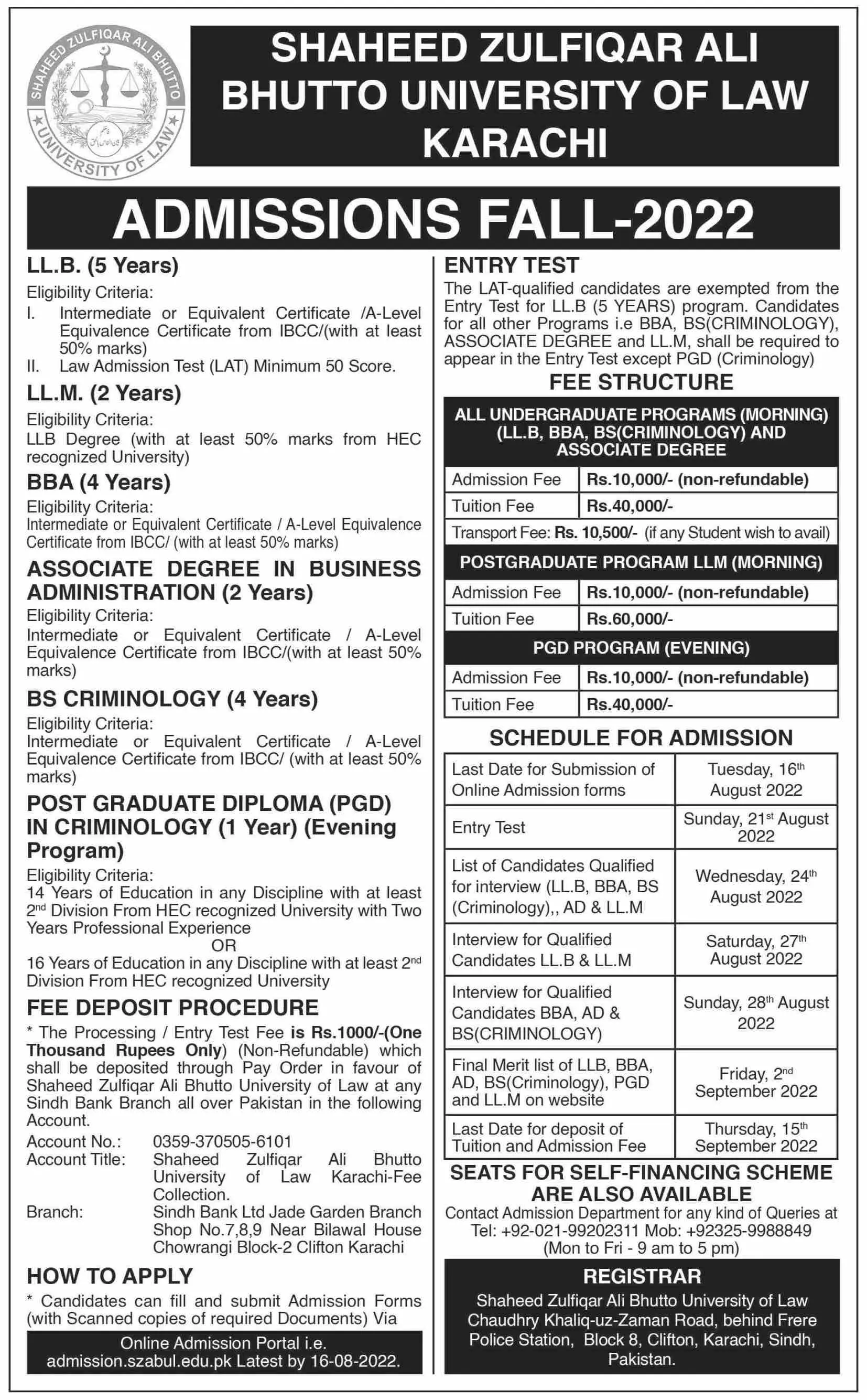 Admission in Shaheed Zulfiqar Ali Bhutto University of Law – Shaheed Zulfiqar Ali Bhutto University of Law Karachi Admissions 2022 — original advertisement