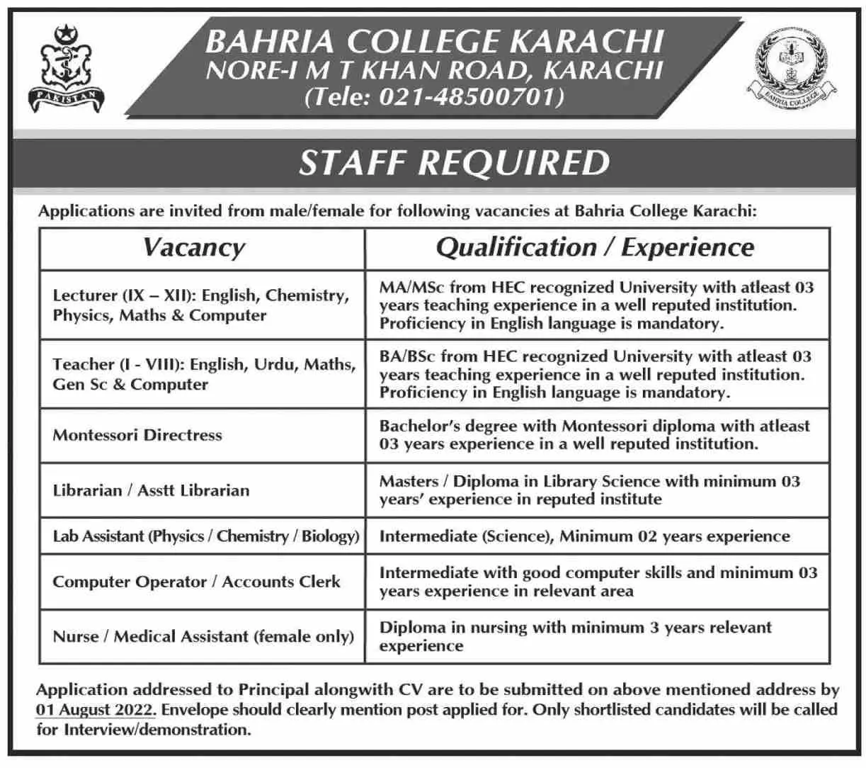 Jobs in Bahria College Karachi – Bahria college karsaz Jobs 2022 — original advertisement