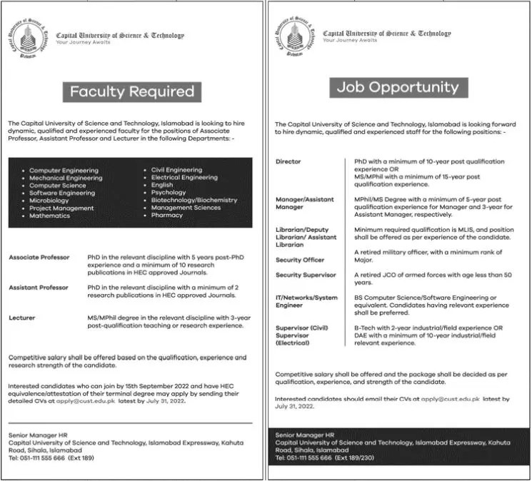 Jobs in Capital University of Science & Technology Islamabad Jobs 2022 — original advertisement
