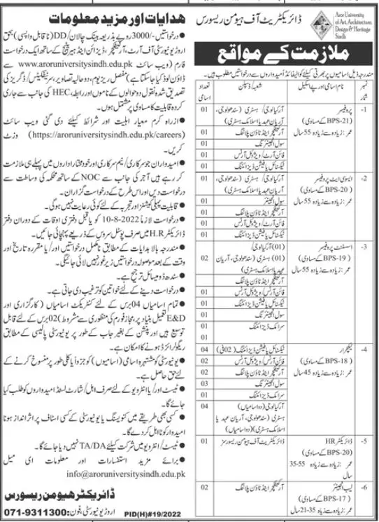 Aror University of Art  Architecture Design & Heritage Jobs – Aror university of Art Architecture Design & Heritages Sukkur Jobs 2022 — original advertisement
