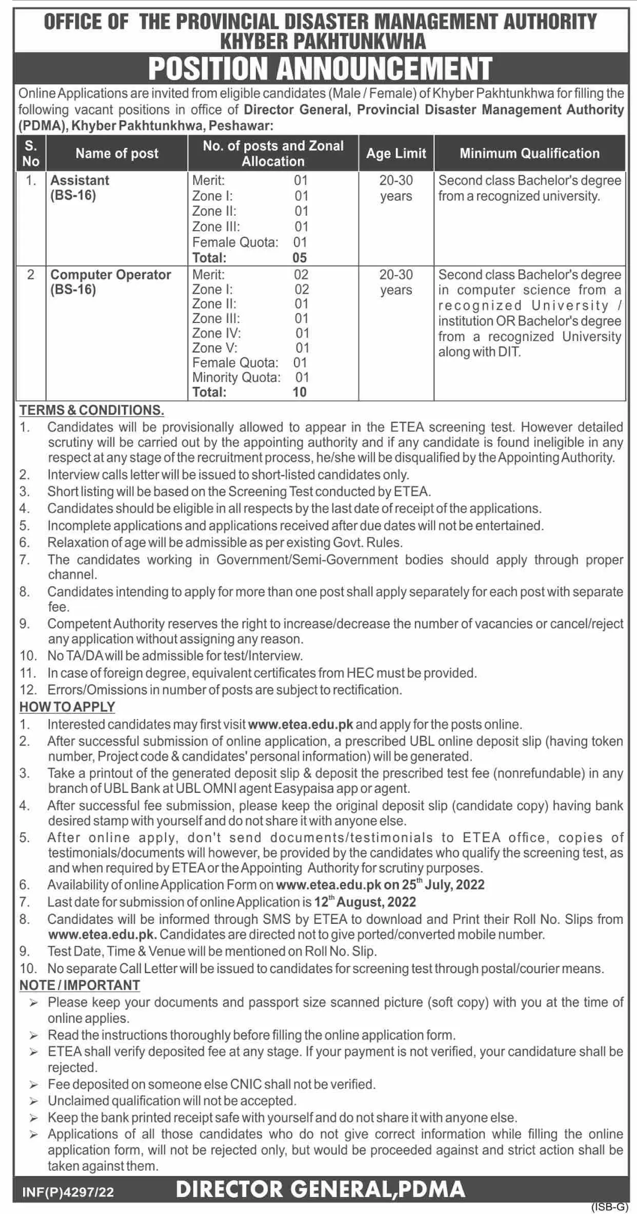 Jobs in Provincial Disaster Management Authority Kpk – Provincial Disaster Management Authority PDMA KPK Jobs 2022 — original advertisement
