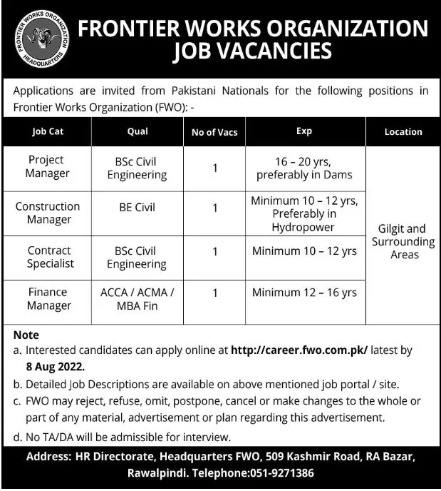 Jobs in Frontier Works organization FWO Jobs 2022 — original advertisement