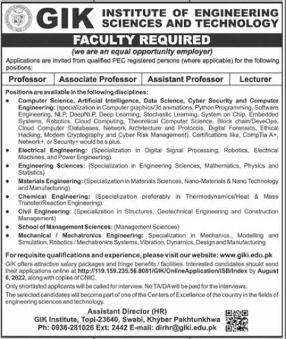 GIK Institute Ghulam Ishaq Khan Institute of Engineering Job – Ghulam Ishaq Khan GIK Institute of Engineering Sciences and Technology Swabi Jobs 2022 — original advertisement