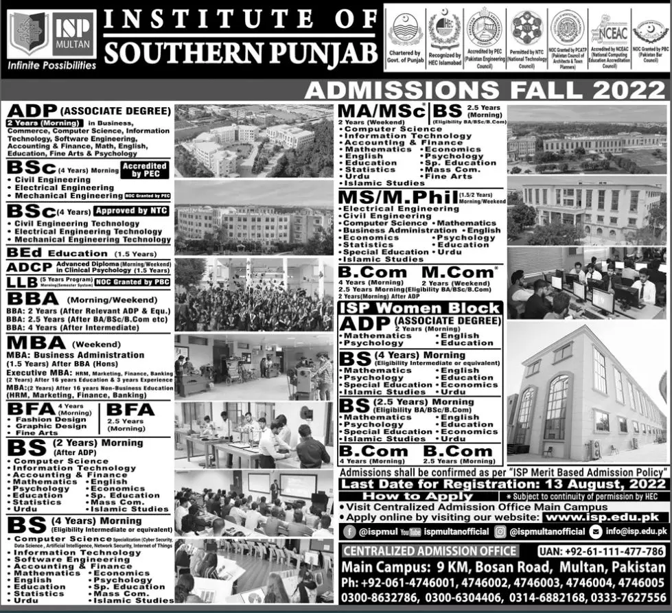 Admission in institute of Southern Punjab – Institute of Southern Punjab Multan Admissions 2022 — original advertisement