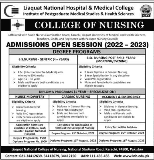 Admission in Liaquat National Hospital & Medical College Admissions 2022 — original advertisement