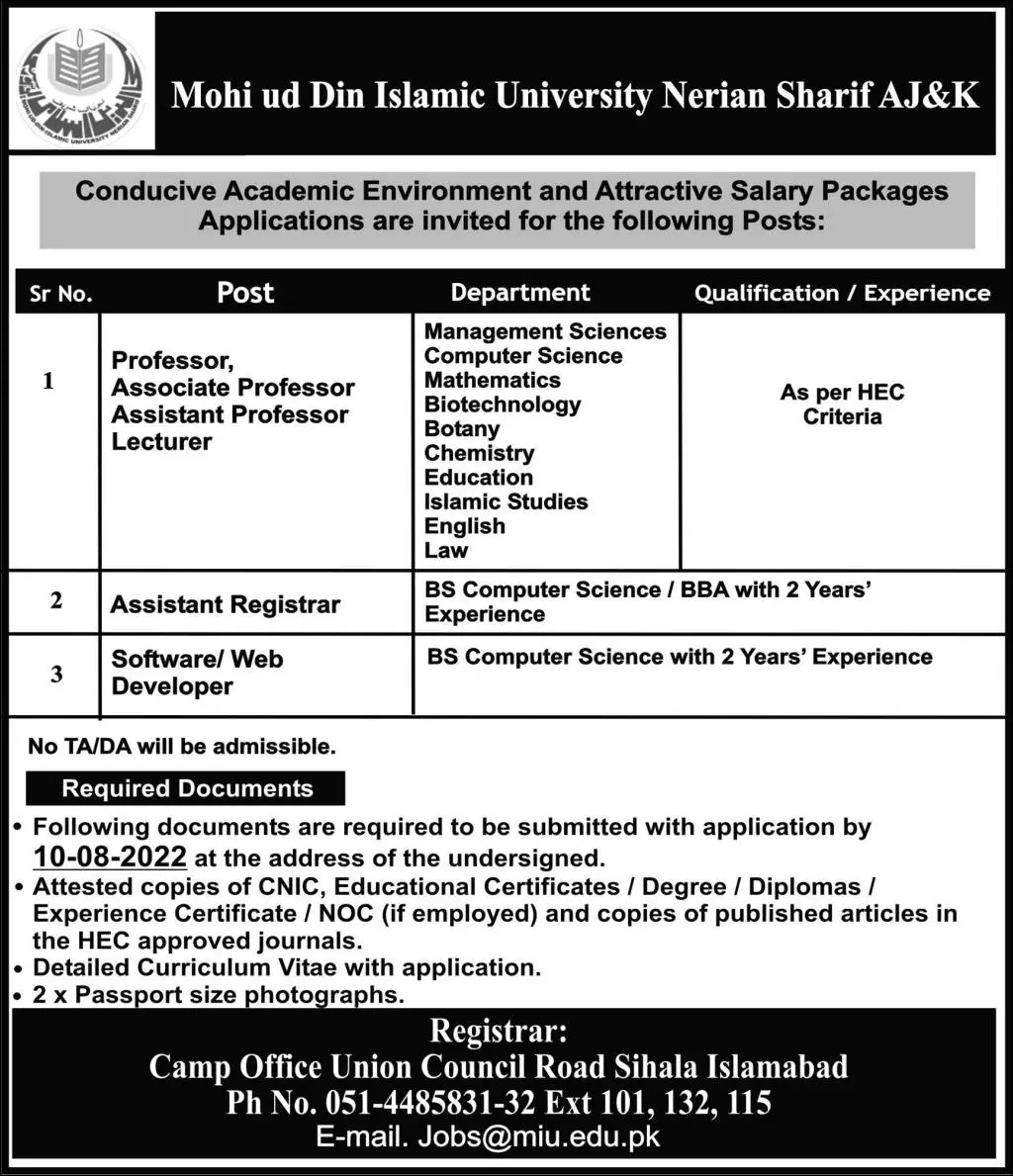 Jobs in Mohi-ud-Din Islamic University Nerian Sharif, AJK – Mohi-ud-Din Islamic University Nerian Sharif AJK Jobs 2022 — original advertisement