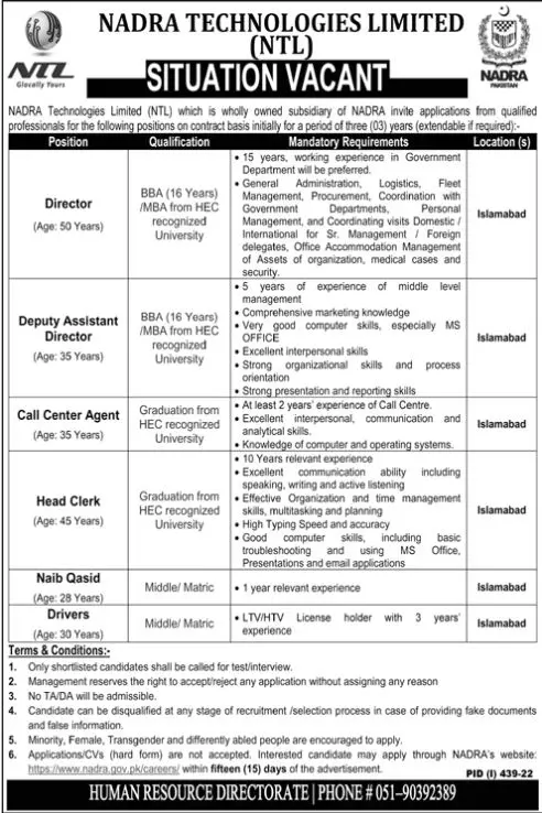 Jobs in Nadra Technologies Limited  NTL Jobs 2022 — original advertisement