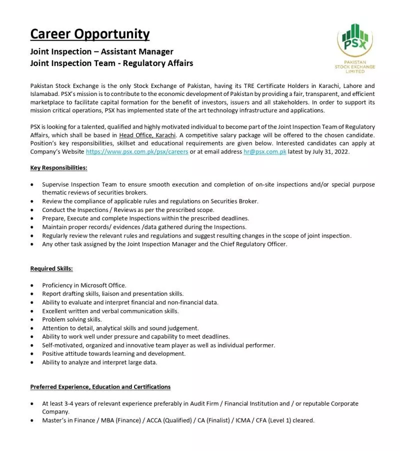Jobs in Pakistan Stock Exchange Karachi Sindh Jobs 2022 — original advertisement