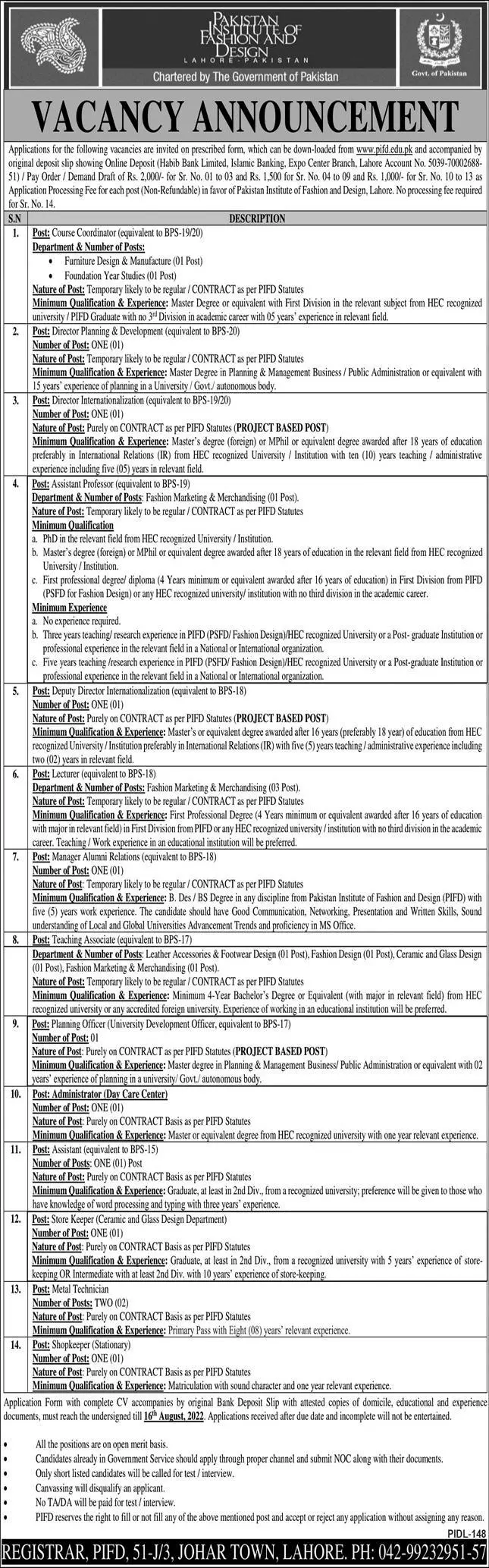 Jobs in Pakistan Institute of Fashion and Design Lahore – Pakistan Institute of Fashion and Design PIFD Lahore Jobs 2022 — original advertisement