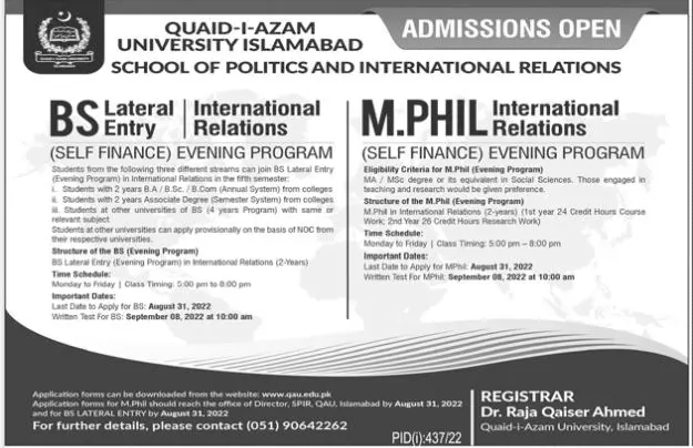 Admission Quaid-i-Azam University Islamabad Pakistan – Quaid-i-Azam University, Islamabad , Pakistan Admissions 2022 — original advertisement