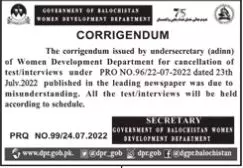 Jobs in Women Development Department Balochistan Jobs 2022 — original advertisement