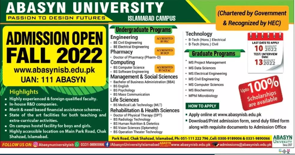 Admission in Abasyn University Islamabad Campus – Abasyn University Peshawar Admissions 2022 — original advertisement