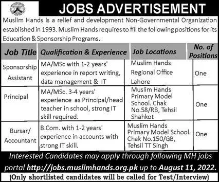 Jobs in Muslim Hands Pakistan 2022 Jobs 2022 — original advertisement