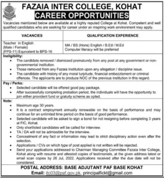 Jobs in Fazaia Inter College Kohat 2022 – Fazaia Schools & Colleges Jobs 2022 — original advertisement