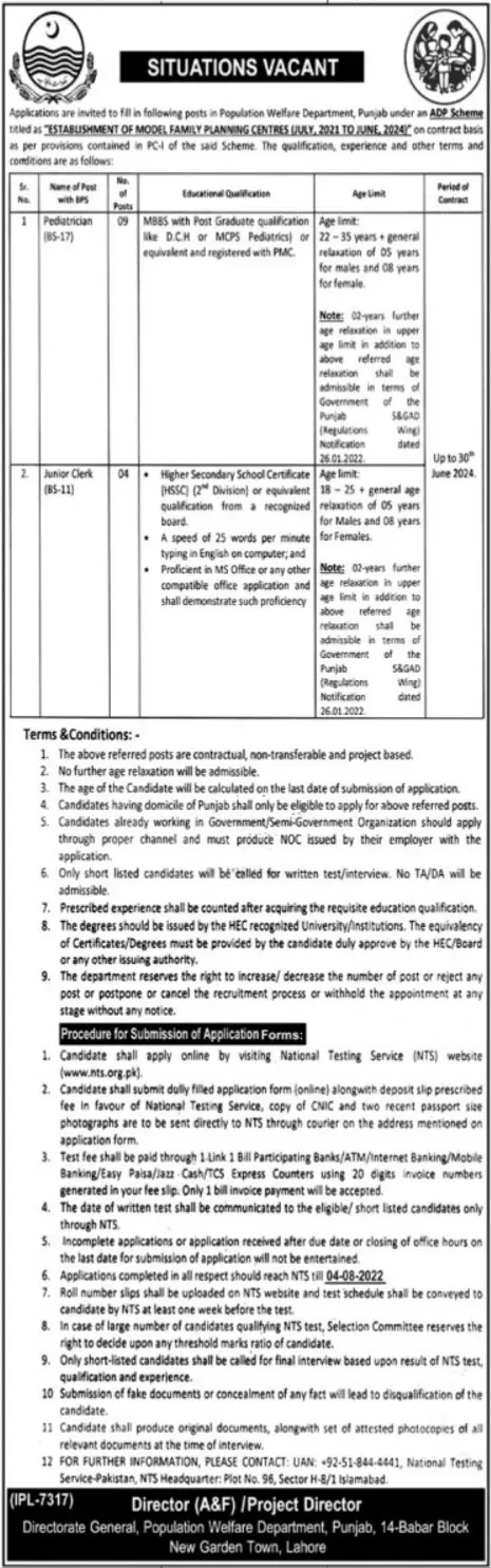 Jobs in Population Welfare Department Lahore Punjab – Population Welfare Department Punjab Jobs 2022 — original advertisement