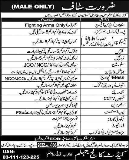 Jobs in Cadet College Jhelum 2022 – Cadet College Jhelum Punjab Jobs 2022 — original advertisement