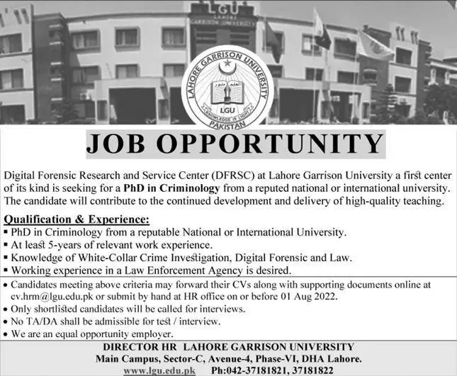 Jobs in Lahore Garrison University Jobs 2022 — original advertisement