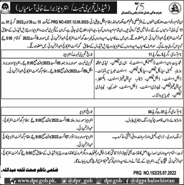 Written Test Schedule of Health Department Killah Abdullah – Health Department Balochsitan Jobs 2022 — original advertisement