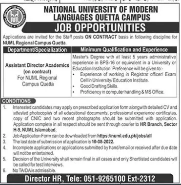 National University of Modern Languages Quetta Campus Jobs – National University of Modern Languages Islamabad Jobs 2022 — original advertisement