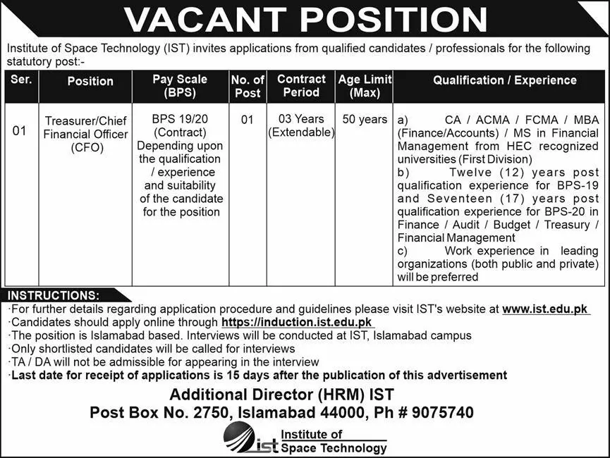 Jobs in Institute of Space Technology ITS Islamabad Jobs 2022 — original advertisement