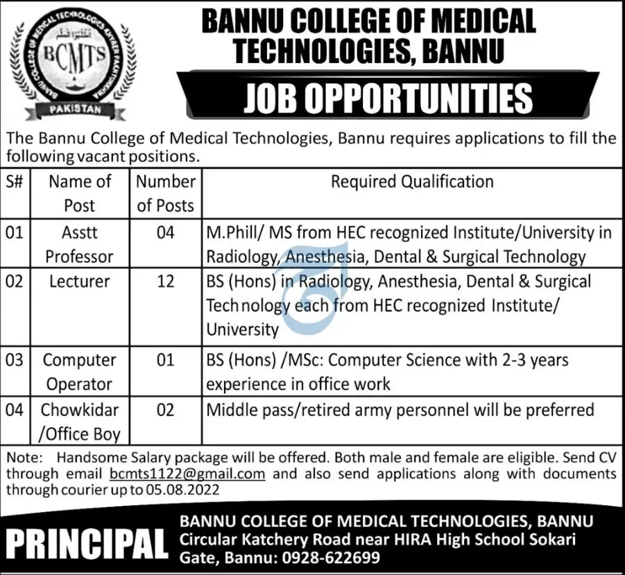 Jobs in Bannu College of Medical Technologies Banuu Jobs 2022 — original advertisement
