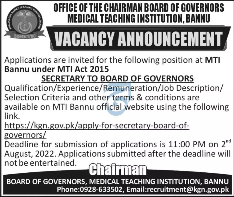 Jobs in Medical Teaching Institute Bannu – Medical Teaching Institution Bannu Jobs 2022 — original advertisement